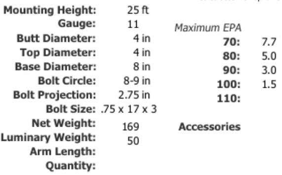 Specifications 25 Foot 4 Inch Square Steel Light Pole 11 Gauge Made in USA Free Shipping