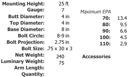 Specifications 25 Foot 4 Inch Square Steel Light Pole 7 Gauge Made in USA Free Shipping