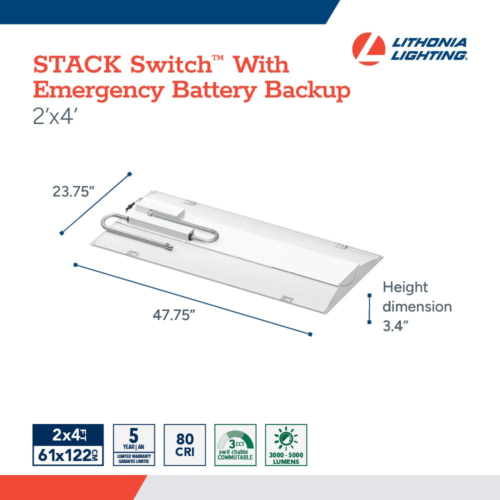Lithonia Lighting STAKS 2X4 ALO6 SWW7 IE10WCP Stack Switch Recessed LED Center Element Lay-in Troffer Light Fixture Dimmable with Emergency Battery Backup