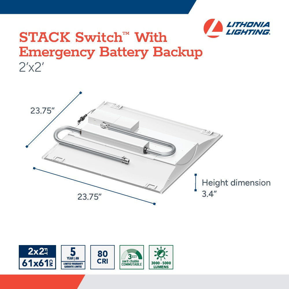 Lithonia Lighting STAKS 2X2 ALO3 SWW7 IE10WCP Stack Switch Recessed LED Center Element Lay-in Troffer Light Fixture Dimmable with Emergency Battery Backup