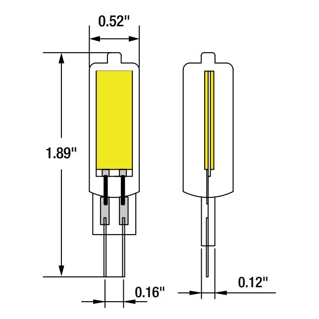 Dimensions - Sylvania 41459 LED2T6G4830BL 2-Watt LED T6 G4 Specialty Clear Lamp 3000K Replaces 20W Halogen
