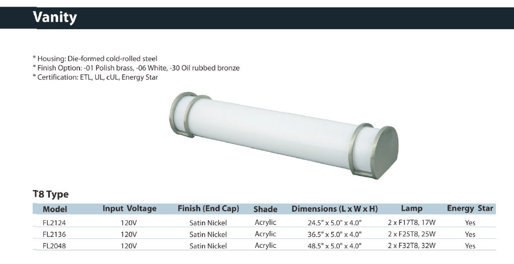 Sunpark FL2 T8 Fluorescent Vanity Light Fixture 2700K Acrylic Satin Nickel Finish